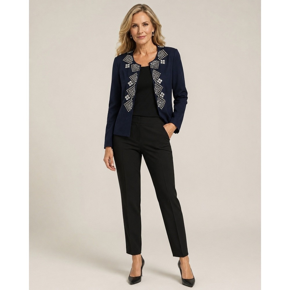 Chico's Quiet Luxury Jacket Womens 0 Small/4 Blue Linen Cotton Blend Beaded
